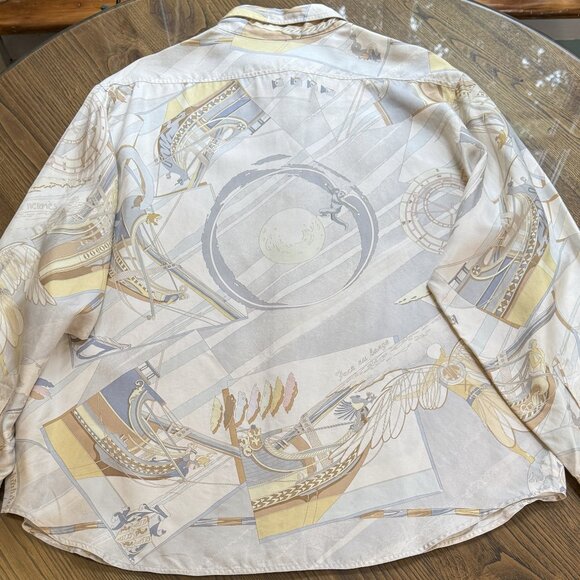 HERMES Vintage Face au Large Margiela Blue Ivory Silk Blouse FR48 Women XL 16 18 - Picture 5 of 16
